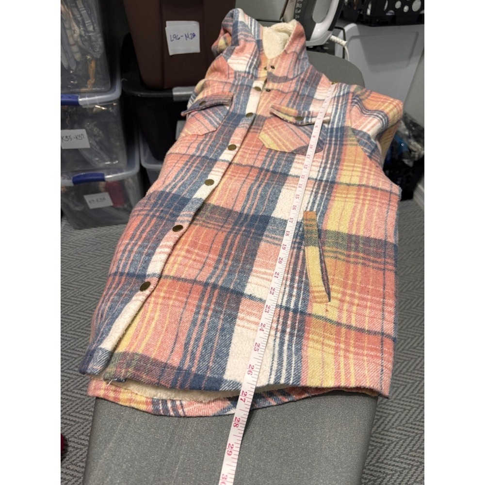Womens Plaid Sherpa Lined Hooded Shacket Jacket Pink Blue Yellow Cream L - Picture 8 of 9